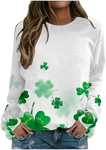 Ден на Сент Патрикс, џемпери за џемпери за жени со долг ракав, пулвер, Шамрок, графички печатење, маица за ирски подароци,