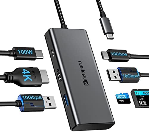 Докинг станица Minisopuru USB C, 7 во 1 USB C пристаниште со 4K HDMI, 10Gbps USB-C податоци, 2 USB A 3.2 Gen2, 100W полнење, SD & TF, USB C адаптер