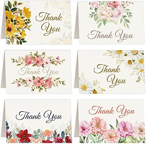 Ви благодариме картички со дизајн на цвеќиња во боја, 4 x 6 Благодарам картички со бели коверти, благодарам белешки со сет на коверти, мали