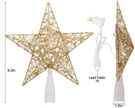 Топер за Новогодишна Ѕвезда, Приклучете 9 3д Изопачена Златна Ѕвезда Метален Шуплив Дизајниран Врв На Дрво, Вграден Во 10 Светилки Топер