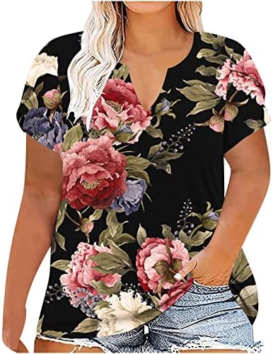 Плус големина на врвови за жени Хавајски маици 2023 Трендовски летни туники врвови на цвеќиња од цвеќиња од плажа Бохо, блуза со