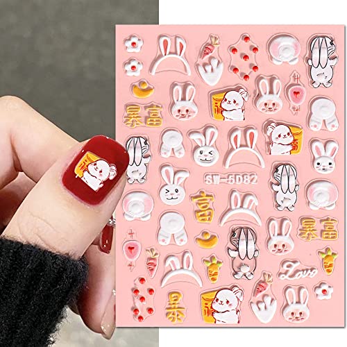 RTKHFZE Велигденски налепници за нокти 5д врежани декорации за нокти, симпатични зајаче нокти дизајни, само лепење на пролетни фестивали за нокти,
