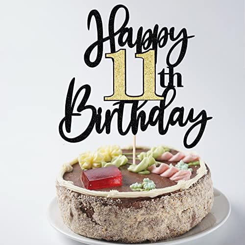 Црно Злато Сјајот Среќен 11-ти Роденден Торта Топер,Среќен 11 Роденден Торта Декорација за 11 &засилувач; Прекрасен Роденден, Здраво