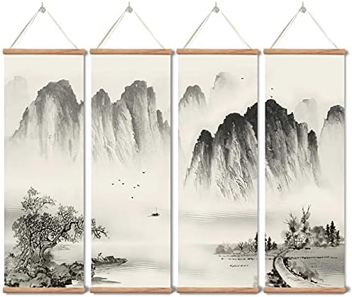 Сликарство на пејзаж ugeугеж, wallидна уметност црно -бело за дневна соба спална соба, кинески традиционален декор со мастило, постери и отпечатоци, 4 парчиња сет фиксн?