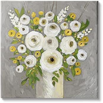 Abstrice Industries Апстракт Ранункулус цветни букети жолта бела земја цвеќиња, дизајнирани од Стефани Работник Марот платно wallидна уметност, 17 x 17