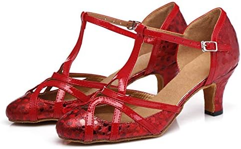Женски сјајни сјајни салса танго салата за латински свадбени чевли со ниска потпетица 6 см, црвена, модел 2040, 6 б САД