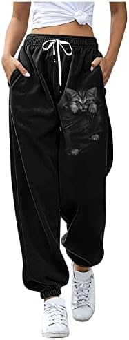 Masbird женски џемпери со џебови, женски слатки печати плус спортски панталони еластични панталони со џогери од половината