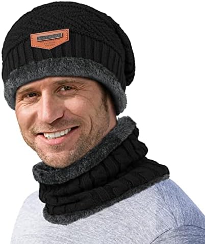 Зимска капа нараквици за марами за мажи - руно наредени слабини снежни снежни плетени череп -капаче за кружни марами на допир на