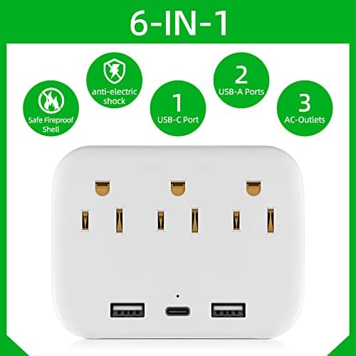 SB Wall Charger, Surge Protector, 3 излез со излез со 2 USB порти, Power Strip Multi Plug Atipter Spacer Spacer за канцеларија