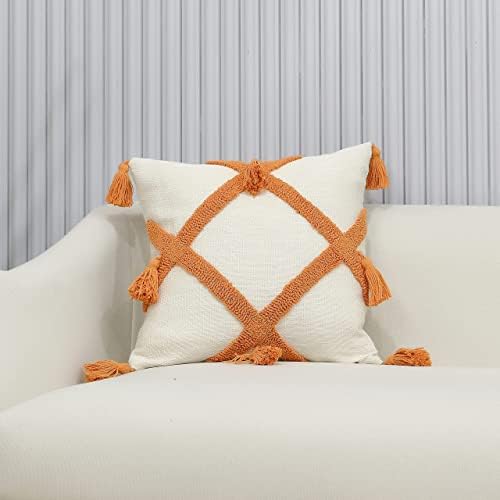 Ikatyarn 18x18 Boho Pillow Cover, портокалова тафтувана геометриска дијамантска шема перница со ресни, декоративно куќиште за перница