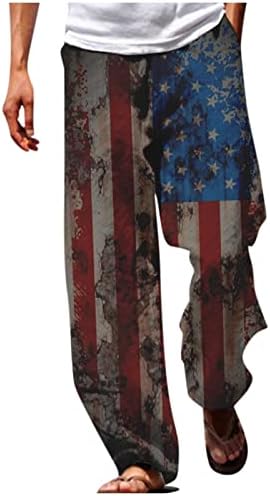 Менс обични постелнини панталони Денот на американската независност 3Д печатено директно нозе Еластично влечење на половината