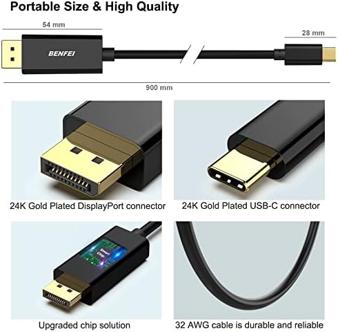 BENFEI USB C До DisplayPort 3 Стапки Кабел, USB Тип-C До Dp Адаптер [Thunderbolt 3 Компатибилен] За Macbook Pro/Macbook Air/iPad