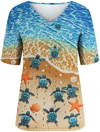 Womenените преголеми маици, женски каузална маица со врат од летна морска желка печатена маица со кратки ракави со блуза