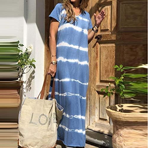 Lutенски летни фустани гроздобер стил кошула фустан v вратот краток ракав Sundress Stripe Print Maxi фустан Baggy Sundress