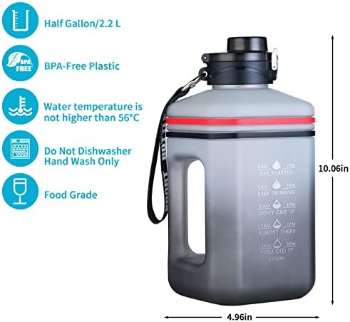 Hangaisday Половина галон/2,2 L големи шишиња со вода со временски маркер, широка уста БПА и Дехп бесплатно, протек на вода за вода