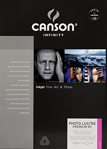 Canson Infinity Photo Luster Premium RC 310GSM, мазна бела хартија со инк -џет, A3+, кутија од 25 листови