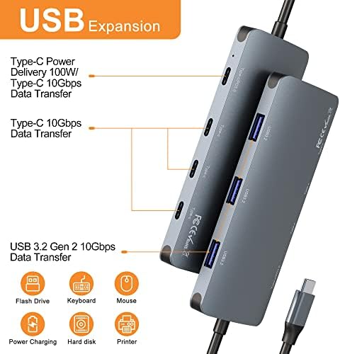 USB - C 3.2 Gen2 Hub Адаптер 7 Порти, 3X USB C 3.2 10Gbps, 3X USB A 3.2 10Gbps И 1x USB-C 100w Моќ Со 10gbps Податоци, USB C Центар
