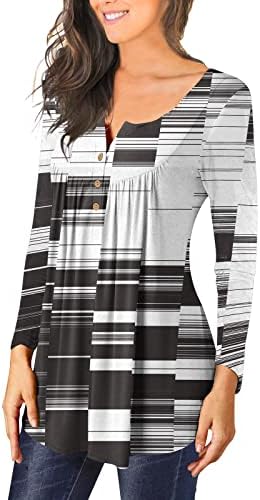 Маички за жени облечени во обична долга ракав Туника врвови со висока стомак печатена блуза со маица Хенли за носење со нозе со нозе