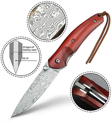 Nedfoss Damascus Pocket Knife, 2,5 '' Рачно изработено челик Дамаск челик EDC, преклопување ловџиски џеб нож со лагерно заклучување и палецот,