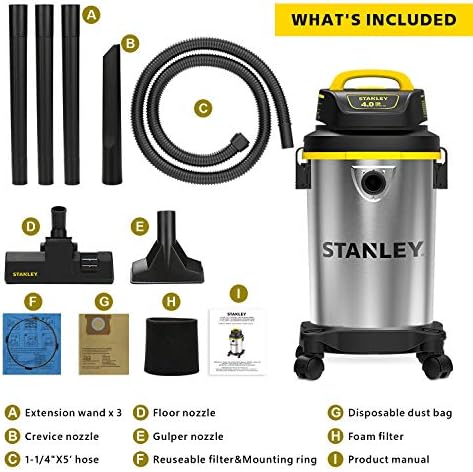 Стенли - SL18129 Влатен/сув вакуум, 4 галон, 4 коњски сили, резервоар од не'рѓосувачки челик сребро+жолто