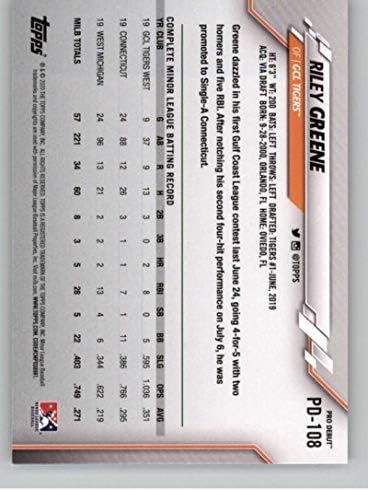2020 година Топс Про деби PD-108 Рајли Грин РЦ дебитант GCL Тигерс картичка за тргување со бејзбол