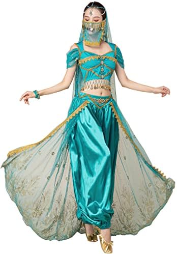 Orенски женски нов Аладин Јасмин принцеза Бели танц за Ноќта на вештерките Костим постави стомак танц за облекување забава 5 парчиња