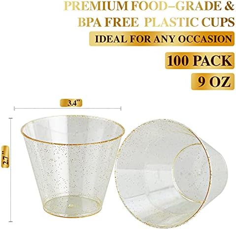 ФОКУСЛАЈН 100 Пакет Златни Сјајни Пластични Чаши 9 мл Проѕирни Пластични Чаши Тамблери, Фенси Тврди Пластични Чаши За Еднократна Употреба