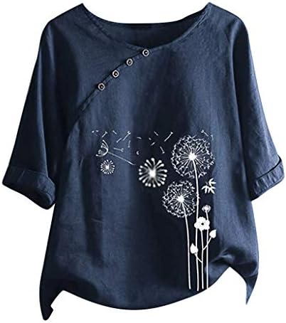 Модни култури за жени за женски глуварче печатење на три четвртини ракави кошули за пулвер О-вратот Елегантни џемпери со копчиња