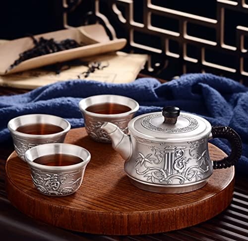Gohq 999 Стерлинг сребрен кинески сет за чај Кунгфу, патни преносни чајни комплети за возрасни со 1 лабава чајник од лисја 3 за текови за мама