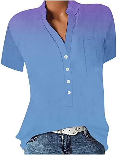 Летни врвови за жени се копче за кратки ракави обични V вратот цветни кошули плус големина лабава вклопена проточна гроздобер блуза Хенли