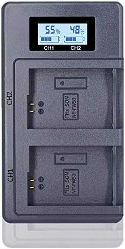 Smart LCD двоен полнач за NP-FW50 за Sony Alpha A6000, A6400, A6100, A6300, A6500, A5100, A7, A7 II, A7R, A7R II, A7R2, A7S, A7S II, A7S2, A5000, A3000, A55, RX10, Nex -3/5/7 серија, функција на PowerBank