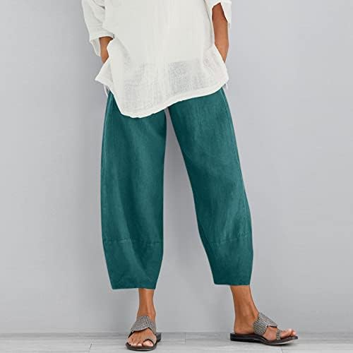 Womenенски постелнина памук каприс еластична половината капри панталони летни лабави панталони плажа панталони со дишење панталони