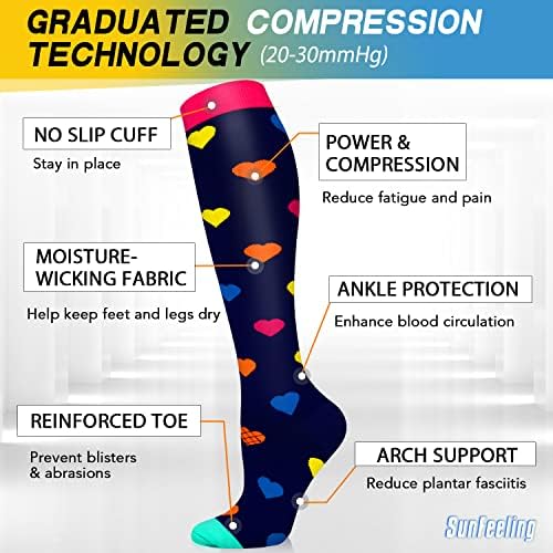 Sunfeeling 6 пара компресија чорапи за циркулација на жени и мажи, 20-30 mmhg е најдобра поддршка за трчање, атлетски, спорт