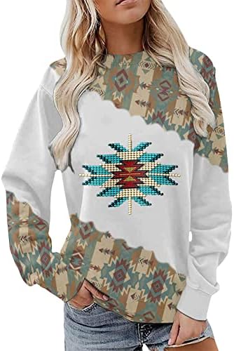 Џемпери за етнички стил на OPLXUO, западни Ацтеки Печати со долг ракав блок во боја, пулвер, обиковно лабаво вклопување на горната блуза