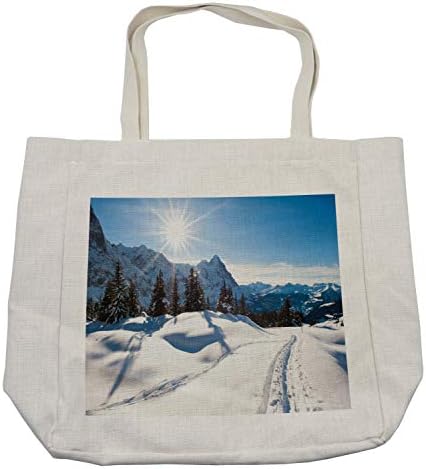 Зимска торба за зимско купување, панорамски зимски предели на снег покриена со планина со сончево време и дрвја Фотографија, еколошка торба