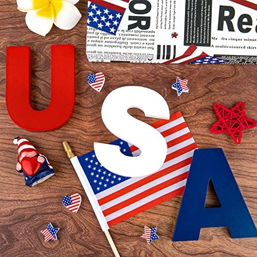 Whaline 13pcs 4 -ти јули декорација Постави САД со дрвен знак со американски рачно држено знаме патриотско дрво плоча таблета табела Централно