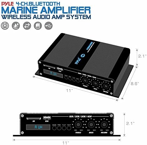 Пајл 4 Канал Морски Засилувач-Компактна Моќност 400 ВАТИ РМС 4 Ом Целосен Опсег стерео &засилувач; Водоотпорен - Безжичен Bluetooth Приемник