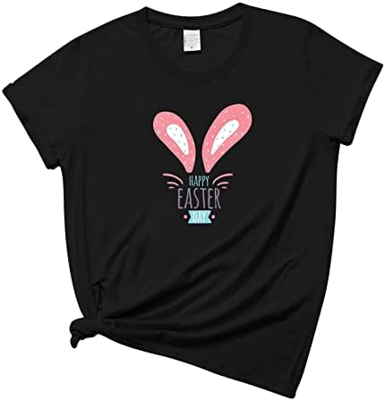 Велигденска маичка за жени среќна кошула симпатична зајаче кошули екипаж вратот краток ракав смешна кошула за печатење во боја