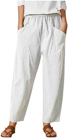 Panенски постелнина панталони, женски цврст џеб еластичен половината памук коноп лабава обични харем панталони со високи панталони со широки нозе