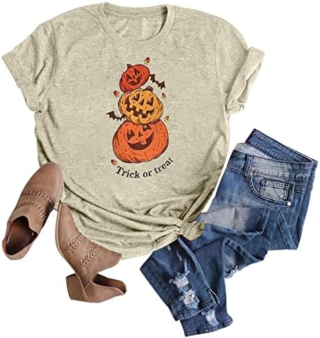 Маици од тиква есен, смешни кратки ракави за Ноќта на вештерките, графички маички врвови женски маици