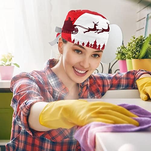 6 парчиња медицинска сестра за чистење жени долга коса, Божиќно зимско шумско дрво ирваси прилагодливо работно капаче со копчиња
