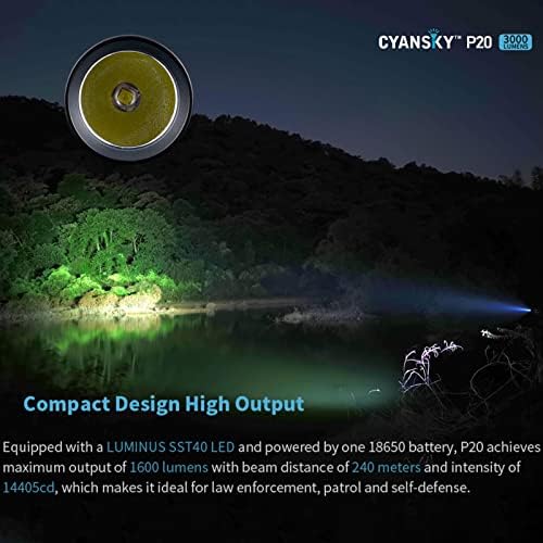 Cyansky P20 Компактна надворешна фенерче со 1600 лумени и 150 часа траење со 4 режими на излез и Strobe Plus, Beam Throw 240 метри, IP68 водоотпорен