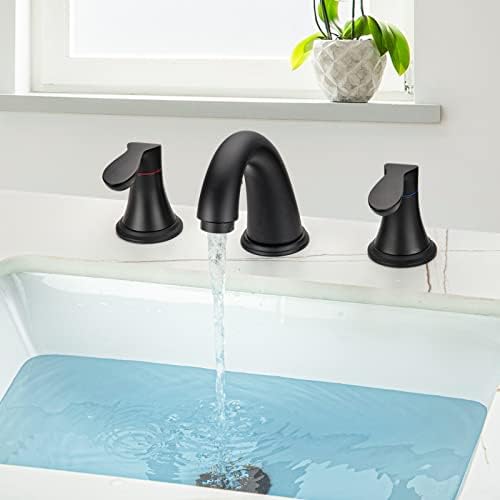 Тапа за бања, 8 инчи тапа за бања за мијалник 3 дупка, широко распространета мат црна тапа за бања со појава на одвод и црево без олово