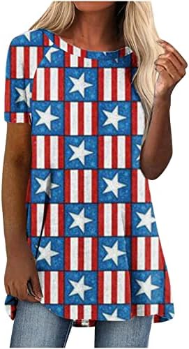 Lumseенски летни врвови, Туника со краток ракав лабава обична starsвезди на 4 -ти јули, шарени печати маичка модна американско знаме кошула
