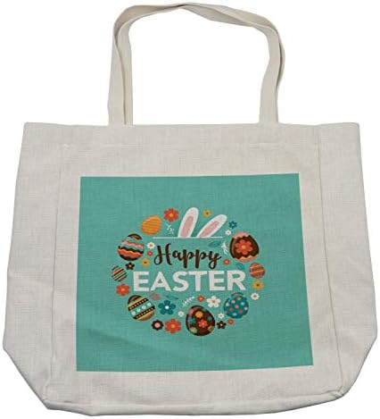 Ambesonne велигденска торба за шопинг, пролетна шема за празници со украсни јајца цветаат цвеќиња зајаци уши рачни букви, еколошка