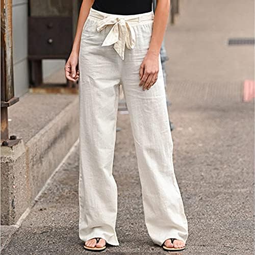 Памучни постелнини панталони за жени плус големина, фустани обични широки нозе лабави се вклопуваат долги панталони удобни модни панталони за хартија