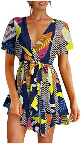 Фрагарн Хавајски фустан од сонце, женски моден обичен солидна боја Краток ракав со кратки ракави V-врат од лабава половината фустан