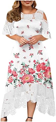 Фустан од чипка за жени со ладно рамо, долги фустани плус големина 2023 лето бохо цветни санки со ракав за замав.