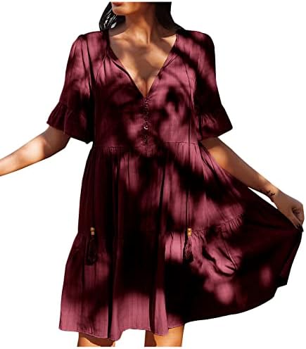 Lmdudan Womens 2023 летни фустани обични v вратот Руфл ракав замотана со висока половината миди фустан лабава проточна фустани со џебови