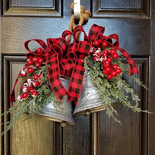 Божиќни Ѕвона Украс, 1 Пар Големи Галванизирани Ѕвона Приврзоци, Рустикални Божиќни Ѕвона Со Снежно Црвена Бобинка И Кариран Лак, Божиќна